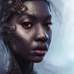 sango fantasy, fantasy magic, intricate, sharp focus, illustration, highly detailed, digital painting, concept art, matte, artgerm and paul lewin and kehinde wiley, masterpiece sexy lips Asian afro lips black African lady body Asian Dragon head silver bright rain lady outer space pretty skull head