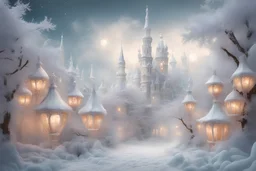 fairy tale city, dream city, landscape in light silver tones, colorful. delicate white velvety clouds, exquisite and filigree, lanterns, ice sculptures in rococo style, snow-covered trees, snow, mystical haze, beautiful, lumen, professional photo, beautiful, high resolution, cgi, f/16, 1/300 s, digital painting with high detail. Dmitry Vishnevsky