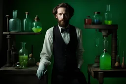 A Anna Godin fashion portrait for Vogue features a 1920 europian scientist beardy fit actor John Krasinsky age 25, looks at the camera at full height, wears old-fashioned Eiko Ishioka design. He works with fluorescent potion in glass bowls, in laboratory, paranormal art, avant garde pop surrealism, dark intriguing nightmarish, fantasy, dark, moody, artwork by Gerald brom, bizarre art, abnormal behaviour, surreal, random and thought provoking, pop surrealism, ((art by Francis bacon)), surre