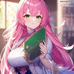 Clear focus,8k,Beatiful Lighting,Detailed, pink long fluffy hair, long fluffy bangs, green eyes, wearing a stunning sparkling outfit, dating game