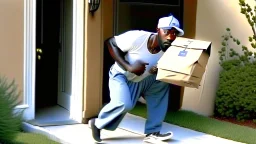 suspiciously looking Tyrone sneaking away holding very small package from apartment mailboxes