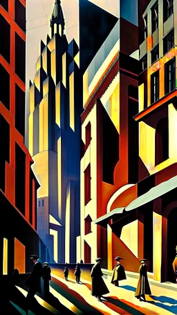 hustle and bustle in Berlin 1925; Bauhaus style, impasto, centered, ((excellent symmetry)), cinematic, dramatic, dynamic, ((great verticals)), ((great parallels)), excellent shadows, sharp shadows, (wild contrasts), (vivid bold colors)