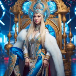 (masterpiece, best quality, 8k, RAW photo, beautiful and aesthetic:1.2), complex detail, Indirect light, photorealistic, (((full body))), 2 Gorgeous Cosmic russian asian goddess smiling, long curved blonde hair, blue eyes, Mixed, sci-fi and traditional russian outfit with white furs and chapka, colorfull Sci-Fi environment