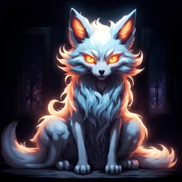 Super cool ghostly spiritual kitsune with menacing glowing eyes In a dark room. It sits alone staring straightly and deeply at us, it has a painted-anime style.