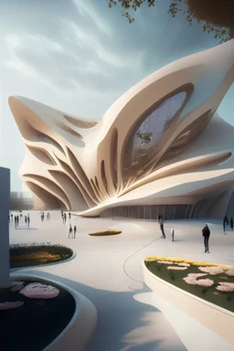 A cultural center simulating the design of Zaha Hadid, beige color, with internal and external lighting, landscape, flowers, parking lots and people.