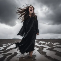 Portrait of a girl screaming loudly with a black robe that was torn in an explosion, walking in the mud of Lapindo, the strong wind blowing her hair and, staring, gray flat sky background, a perfect combination of bright contrast and delicate patterns, symmetrical composition, dramatic landscape