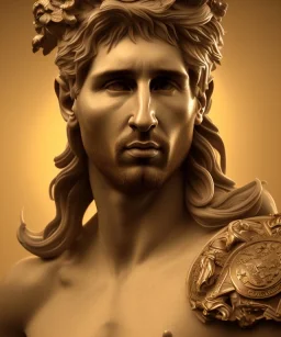 Realistic image, classic sculpture, marble material, Lionel Messi with Laurel wreath model, miguel angel style, God light, god rays, 4k resolution, perfect details, ornate details, soft lighting, unreal engine 5, soft cyan background.