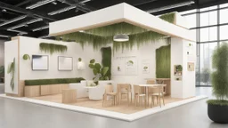 Corner exhibition stand in light colors with wood elements and greenery with two meeting areas