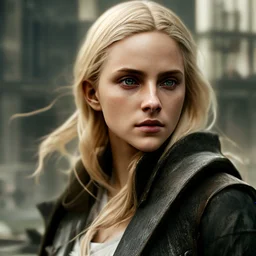 Photorealistic close-up of a beautiful blonde assassin with dystopian clothes and background