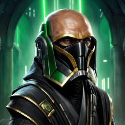 star wars bald male corellian jedi pilot wearing gunmetal grey and black old republic armored robes with gold trim inside the jedi temple holding a lightsaber with viridian green blade in left hand, centered head and shoulders portrait, hyperdetailed, dynamic lighting, hyperdetailed background, 8k resolution, volumetric lighting, light skin, fully symmetric details