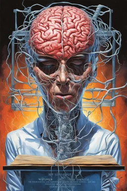 Book cover art for text: "HP LOVECRAFT" text: "WHISPERER IN THE DARKNESS", discarded face skin mask on the seat of a chair, dramatic, double exposure image of a brain in a jar hooked up to electrodes, eldritch, sci-fi, cover art design by Drew Struzan, color ink illustration by Dan Seagrave and Grant Morrison