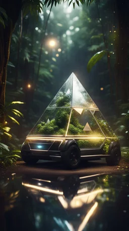 a car shaped like a tetrahedron without a top in dark lit reflective wet jungle metallic hall dome hotel tunnel, in the style of a game,bokeh like f/0.8, tilt-shift lens 8k, high detail, smooth render, down-light, unreal engine, prize winning