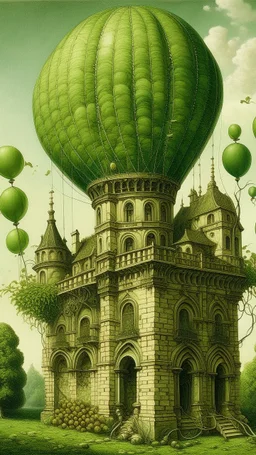 An olive green tower with leafy vines and balloons painted by Leonardo da Vinci