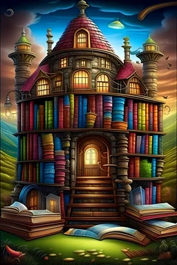 a picture of a house made out of books, a storybook illustration by Jacek Yerka, shutterstock contest winner, magical realism, storybook illustration, matte painting, whimsical, Stack of Books, librarian