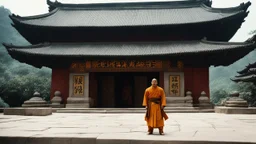 [very impressive high res masterpiece in Kodak Eastman 5247, bokeh scene by Stanley Kubrick] Shaolin gangsta monk waiting outside, in the doorstep of a stone temple