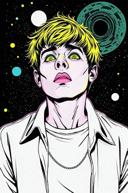 A vibrant illustration of a psychedelic , 𝙘𝙤𝙨𝙢𝙞𝙘 𝙝𝙤𝙧𝙧𝙤𝙧 in a scott pilgrim style, in a white and black background, a with man with short hair