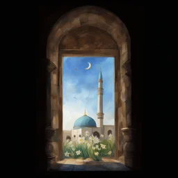 shado of people to jamkaran mosque in Iran has more blue green color and gold for pattern islamic in the dome . one big domes with beautiful lighting . white Daffodil flower in the floor , clouds with small birds in sky with crescent moon of ramdan . painting watercolor ,simple and islamic style , Painting like Vincent van Gogh style