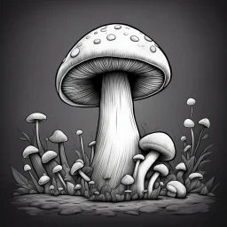 mushroom, black and white, cartoon, drawing