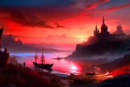 painting, landscape, artistic, illustration, artstation, black desert, pale red sky, large vamp, aivazovsky style