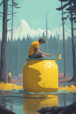 a picture of a guy bathing in a big yellow jar, he is in a adventure park with his girlfriend, art style simon stålenhag
