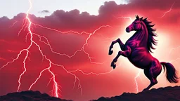 full silhouette of a horse rearing up(on left side, outlined by lighting), red sky, lightning bolts(from top to bottom left), in the speed force