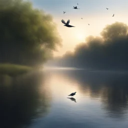 Hyper Realistic early morning (6:40 am) scenery of a riverside where a beautiful bird flying just few inches above the river water showing dramatic and cinematic ambiance.