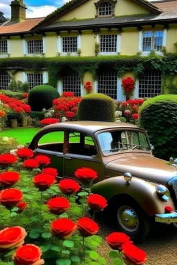 سيارة كلاسيكية مليئة بجميع أنواع الورود في حديقة منزل عتيق