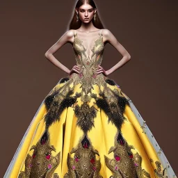 stunning extrem opulent couture gown designed by Marchesa inspired by fairies, realistic epic elegant fantasy color mix of gold and black and red,decorated with precious stones, detailed, high quality, intricate, fantasyland background,