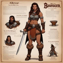 character concept sheet with AD&D statistics and characteristics, [illustration, drawing by Carlos Ezquerra] The female Barbanger is a mix between a barbarian and a range, a thin long sword in one hand and a foaming mug of ale in the other