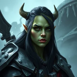 A digital illustration shoot from a portrait camera angle about a portrait of a young orc woman with dull green skin. In the middle of the image, a 20 years old orcish woman, appears to be looking at the viewer lost in thought. she has long black hair and is wearing armour. Fantasy, ice, magic