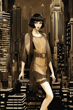 full body picture of a skinny woman with a bob, a fringe hairstyle, 1920s flapper clothing, futuristic steampunk city background