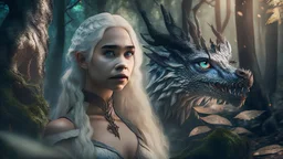 whole body image of beautiful Daenerys Targaryen in a mystical enchanted forest standing next to a dragon, HD 8K, sharp detail, hyperrealistic photo accurate face and features, cinematic lighting