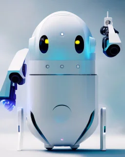 cute minimalistic robot with a big head, egg body, no fingers, digital similing face with pixeled eyes, super happy, white skin, small and plain simple, no buttons, 3/4 angled pose, awesome pose, background white background, oil painting