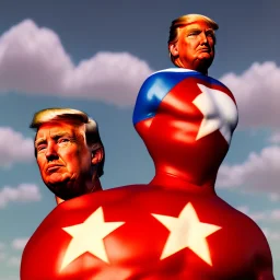 Realistic image of Donald trump super hero, retro style, watchmen style, red white blue colors, white stars, suspenders, latex material, 80s, vibrant color, highly detailed, sky background, concept art, unreal engine 5, god rays, ray tracing, RTX, lumen lighting, ultra detail, volumetric lighting, 3d, finely drawn, high definition, high resolution.