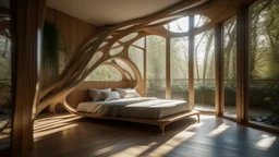 A modern minimalist bedroom where the walls are made of intertwined tree roots, and a river meanders across the wooden floor. Colorful fish swim among the furniture, and sunlight filters through a canopy of leaves.