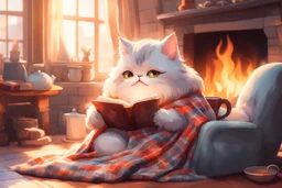 cute fluffy chibi cat reads sitting in a big soft armchair, covered with a plaid blanket, a teapot and steaming tea on a small table next to her, in sunlight. The fire in the fireplace is blazing.