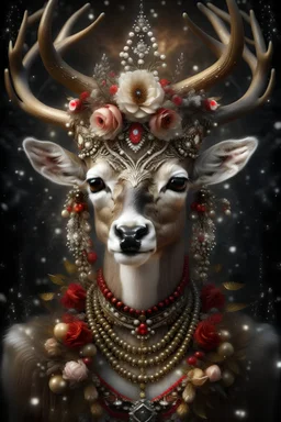 Beautiful reindeer portrait with textured snowy fur, adorned with ginger rose and white snowy rose floral , golden dust beads and red berries headress and crown, wearing rococo costume, organic bio spinal ribbed detail of rococo winter athmospheric candle lights, and full blackrose floral snoflakes background extremely detailed hyperrealistic maximalist concept art