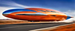 award winning car and driver photograph of a futuristic station wagon dirigible hybrid designed by only one vehicle per image painted metallic orange traveling at a high rate of speed, jet intake off of front center of vehicle and jet exhaust out the rear with bright blue flame, bilaterally symetrical, more a high speed road vehicle