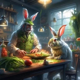 portrait of crazy scientist and army officer irradiating food inside grove with huge fluffy hare, 4 k, down-light, soft light, depth of field, photo realism, trending on art station, high detail, spray paint