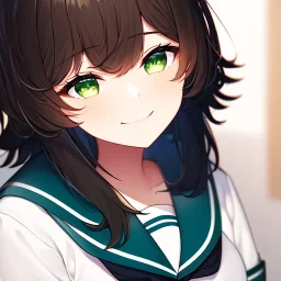 Clear focus,High resolution, brown short fluffy hair, long bangs, and green eyes, Depressed girl, wearing a sailor uniform, Smug smile, half closed eyes, smile, Extreme close up