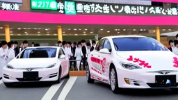 A Tesla's 'Model S Plaid' is racing at top speed, across the 'Nagashima Spa Land', in Kuwana, in Japan. CINEMATIC. WIDE ANGLE LENS.