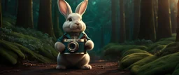 High-end hyperrealism epic cute fluffy rabbit hero holding an open film roll, Steampunk-inspired cinematic photography, symmetry forest alley background, Aesthetic combination of metallic sage green and titanium blue, Vintage style with brown pure leather accents, Art Nouveau visuals with Octane Render 3D tech, Ultra-High-Definition (UHD) cinematic character rendering, Detailed close-ups capturing intricate beauty, Aim for hyper-detailed 8K