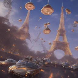 steam punk traffic jam in Paris 3D blender full lenght with white eiffel tower in the background and flying mushrooms in the sky by Dali