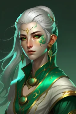 Female. Silver skin. Gold eyes. Sorcerer. Jade ponytail
