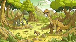 Cartoon illustration for children: jurassic millions of years ago, with towering prehistoric trees, bubbling mud pits