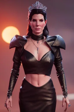 Sandra Bullock as evil queen in black leather gown, angry, busty, curvey, cleavage, unreal 5, octane render,cinema4d, dynamic lighting, dramatic lighting, 4k, redshift render, highly detailed, hyper realistic