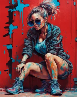 close up, full color painting of squatting cyberpunk girl, sunglasses, high heel shoes, perfect hourglass figure, (((Graffiti art) (by Carne Griffiths))), red wall background, insane details, intricat Modifiers: highly detailed Award winning photography fantasy 8k photorealistic beautiful poster award winning imperial colors fantastic view ultra detailed 4K 3D colourful very cute cinematic postprocessing acrylic art Craig Rutkowski