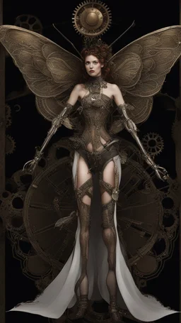 full length, steampunk delicate metal woman, moth, wings, black background