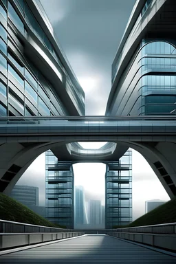 futuristic bridge between 2 buildings