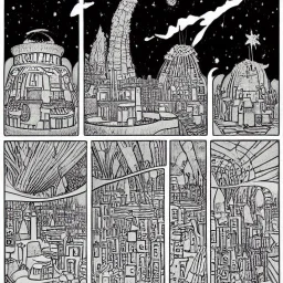 Village in the cosmos in Winsor McCay style and dr seuss style